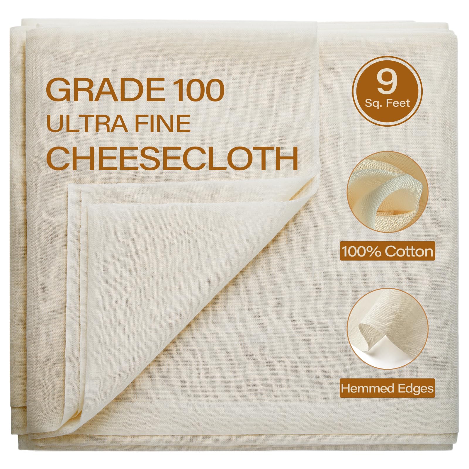 eFond Cheesecloth, 9 Square Feet Grade 100 Cheese Cloths for Straining Reusable, Washable, Lint Free and Ultra Fine Mesh Unbleached Pure Cotton Cheese Cloths for Cooking with Hemmed 2 Edges (1 Yard)