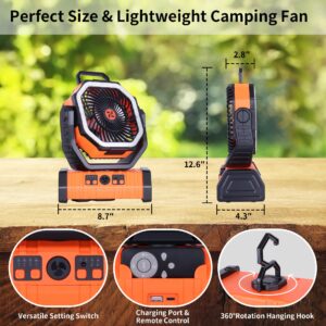 𝟐𝟎𝟎𝟎𝟎𝐦𝐀𝐡 Camping Fan Battery Powered Fan with LED Lantern, Portable Camping Fan for tents, 8H Timer & 270°Osicllating Fan Rechargeable Battery Operated Fan, USB Desk Fan Beach Fan with Hook