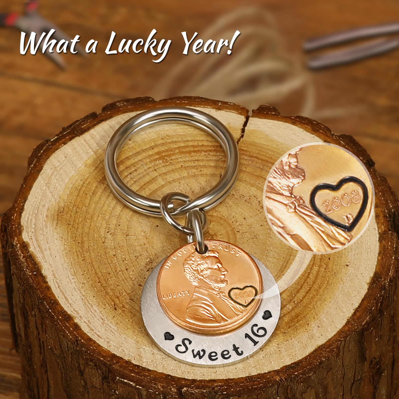 HRMYUDI Sweet 16th Birthday Gifts, 2008 Lucky Penny Coin Key Chain for New Driver Gift, Sweet 16 Gifts for Daughter Granddaughter Niece