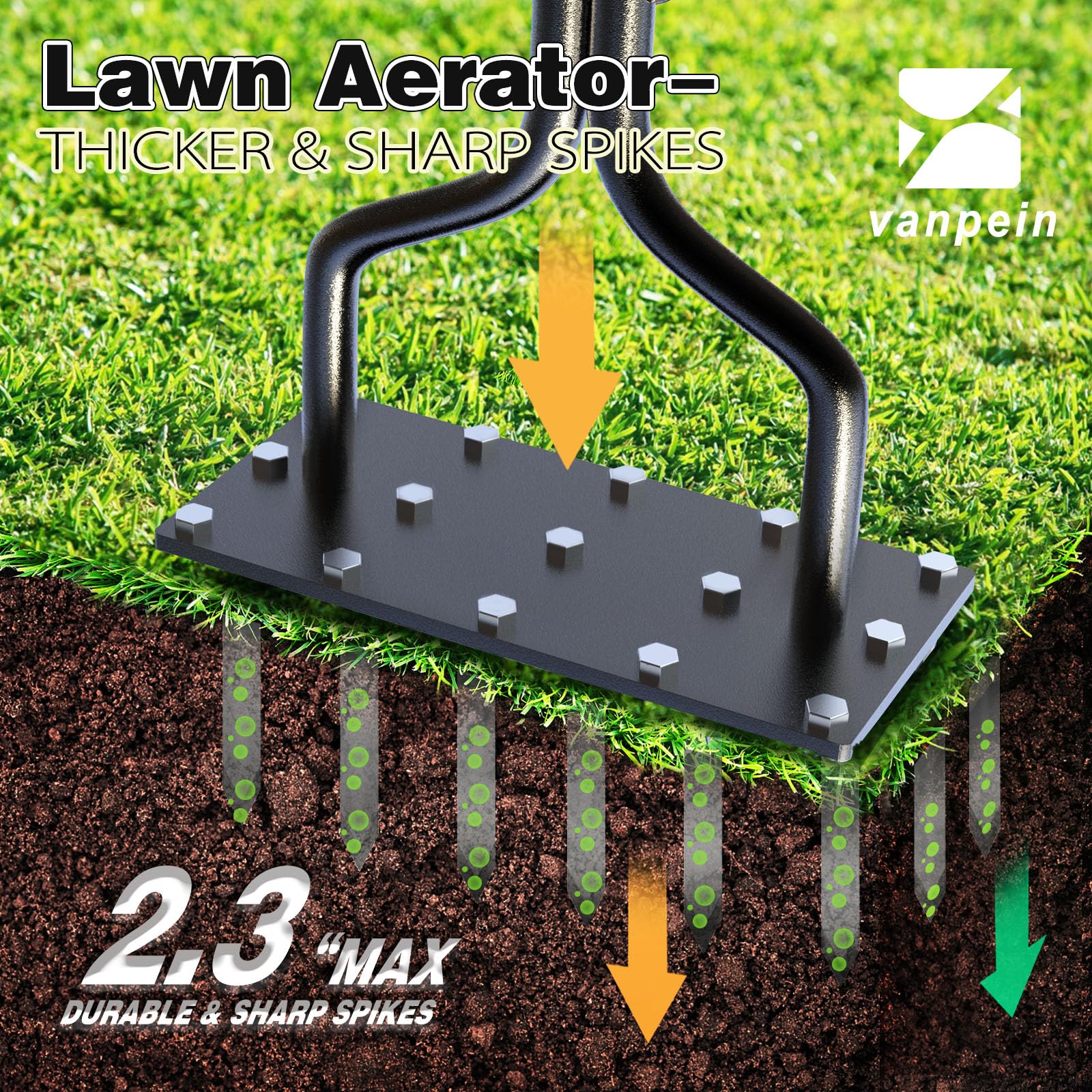 vanpein Lawn Aerator Spike Manual Tool with 15 Iron Spikes, Garden Grass Aeration Tools Hand Air Aerator & Clean Tool for Aerating Lawns & Yard Care, Loosening Soil, 36”