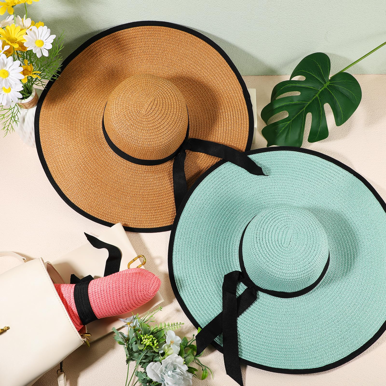 Mepase 12 Pcs Women Wide Brim Straw Sun Hats Summer Beach Hat Big Floppy Foldable Roll up Travel Hat UPF 50+(Bright Color, Cute Style) Multi Colors