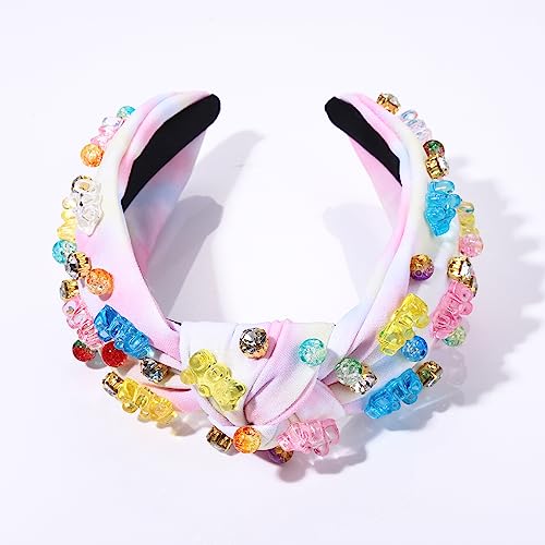 ZITULRY Knotted Headband for Women Crystal Gummy Bear Jeweled Embellished Top Knot Headbands Fashion Statement Wide Turban Hairband Funny Gifts for Girls Sister Birthday Holiday Party