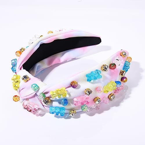 ZITULRY Knotted Headband for Women Crystal Gummy Bear Jeweled Embellished Top Knot Headbands Fashion Statement Wide Turban Hairband Funny Gifts for Girls Sister Birthday Holiday Party