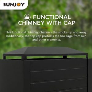 Sunjoy Outdoor Fireplace, Patio Wood Burning Steel Fireplace with Chimney, Log Holders, Fireplace Tool and PVC Cover, Black