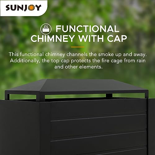 Sunjoy Outdoor Fireplace, Patio Wood Burning Steel Fireplace with Chimney, Log Holders, Fireplace Tool and PVC Cover, Black