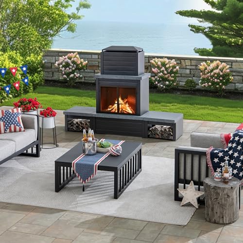 Sunjoy Outdoor Fireplace, Patio Wood Burning Steel Fireplace with Chimney, Log Holders, Fireplace Tool and PVC Cover, Black