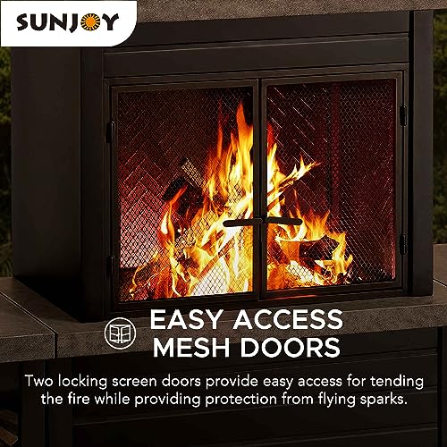 Sunjoy Outdoor Fireplace, Patio Wood Burning Steel Fireplace with Chimney, Log Holders, Fireplace Tool and PVC Cover, Black