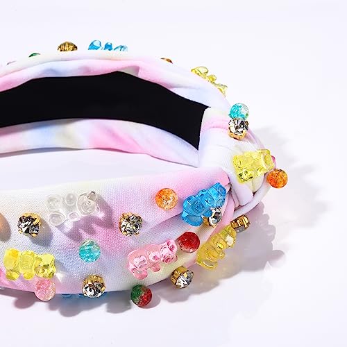 ZITULRY Knotted Headband for Women Crystal Gummy Bear Jeweled Embellished Top Knot Headbands Fashion Statement Wide Turban Hairband Funny Gifts for Girls Sister Birthday Holiday Party