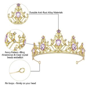 AHONEY Purple Gem Gold Tiara and Crown for Women, Crystal Mermaid Crown Rhinestone Princess Tiaras for Girls Rapunzel Crown for Wedding Birthday Prom Halloween Party