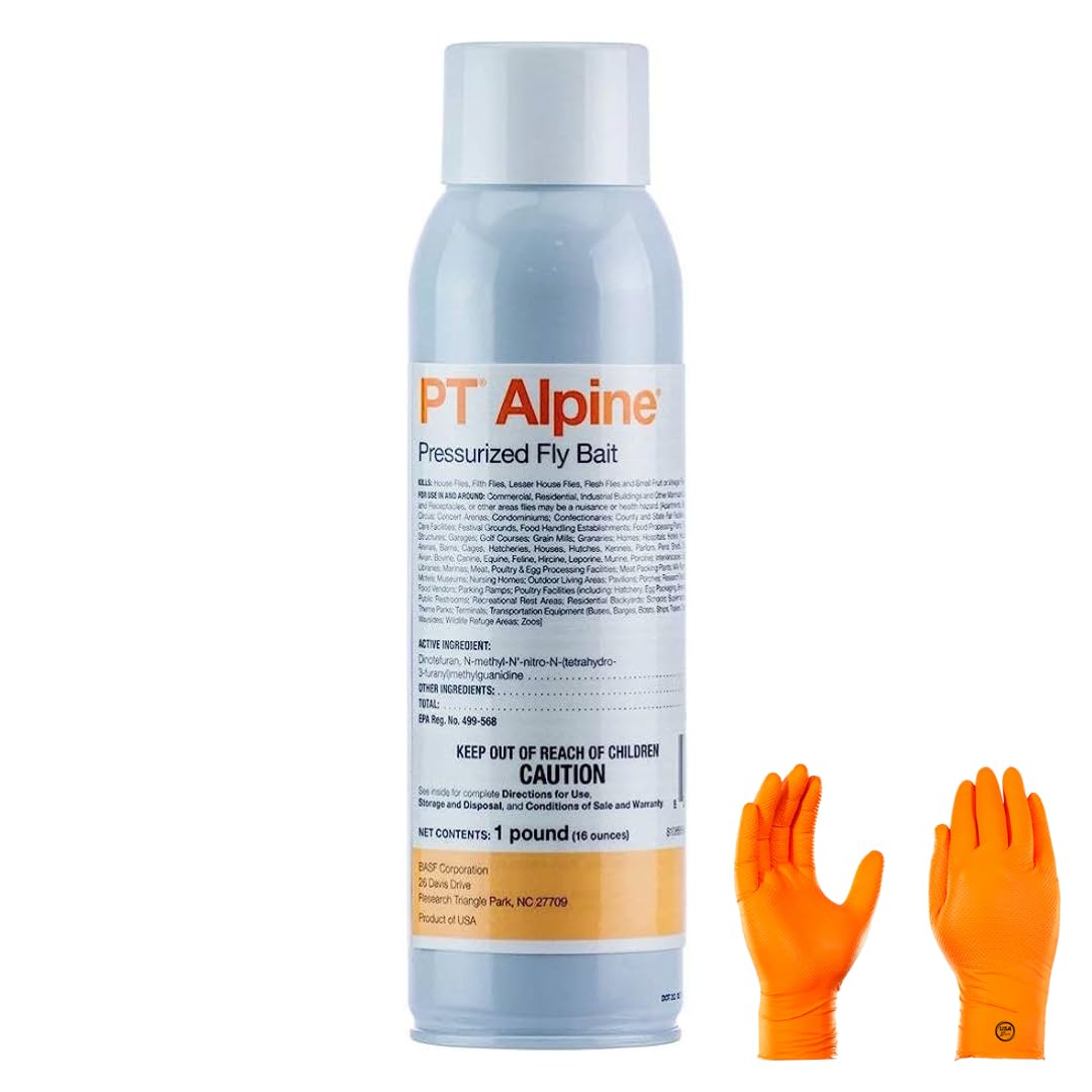 PT Alpine Pressurized Fly Bait - Fly Terminator: Long-Lasting Fly Control Solution with Baiting Properties | Includes USA Supply Protective Gloves | USA Pest Identification Card