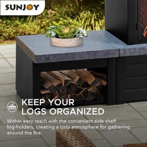 Sunjoy Outdoor Fireplace, Patio Wood Burning Steel Fireplace with Chimney, Log Holders, Fireplace Tool and PVC Cover, Black