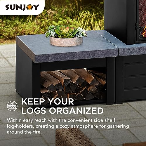 Sunjoy Outdoor Fireplace, Patio Wood Burning Steel Fireplace with Chimney, Log Holders, Fireplace Tool and PVC Cover, Black