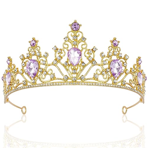 AHONEY Purple Gem Gold Tiara and Crown for Women, Crystal Mermaid Crown Rhinestone Princess Tiaras for Girls Rapunzel Crown for Wedding Birthday Prom Halloween Party