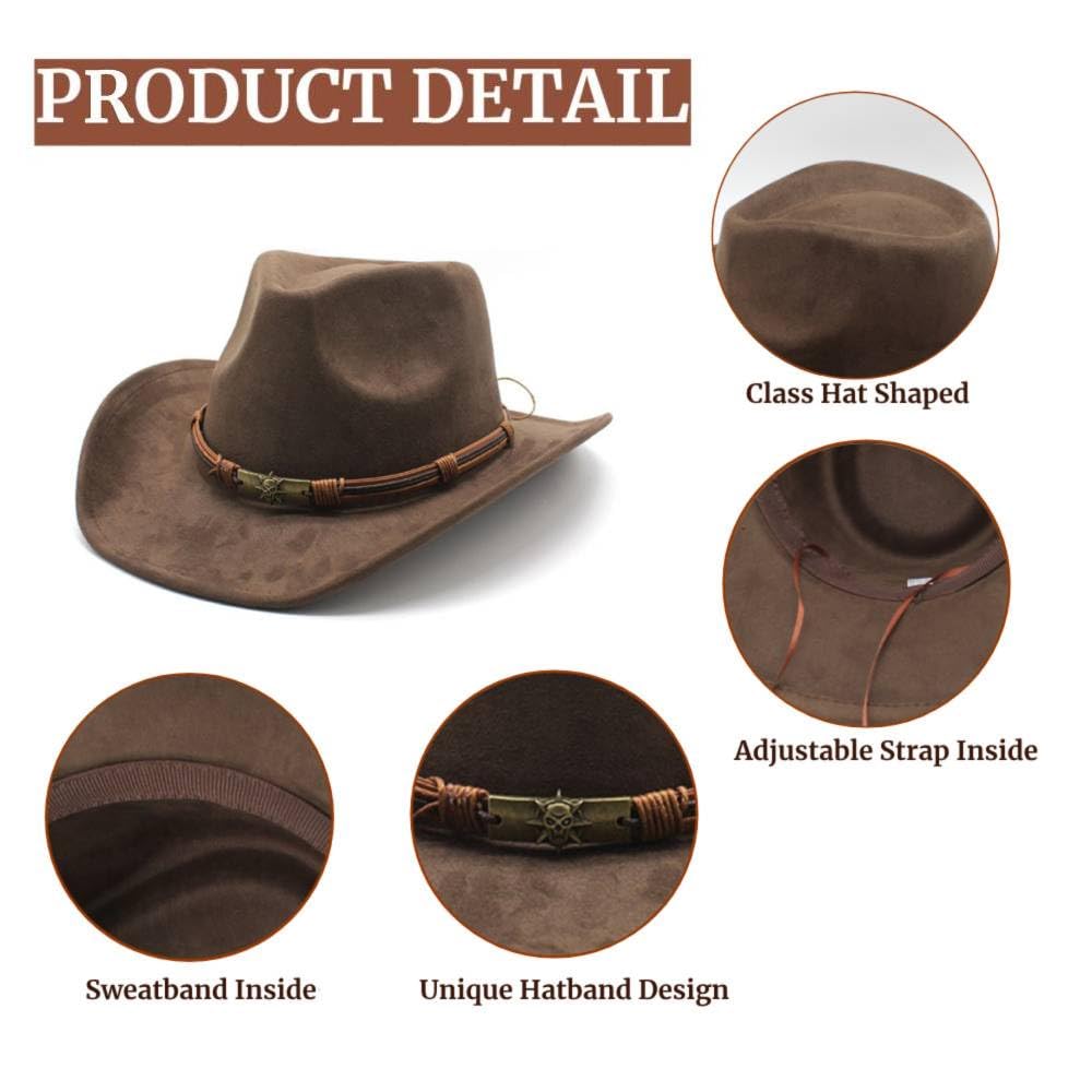 LIDHAY Cowboy Hat for Women and Men Western Suede Hat Panama Hat Cowboy & Cowgirl Hat Felt Wide Brim Women Men Fedora Hats 192 Brown