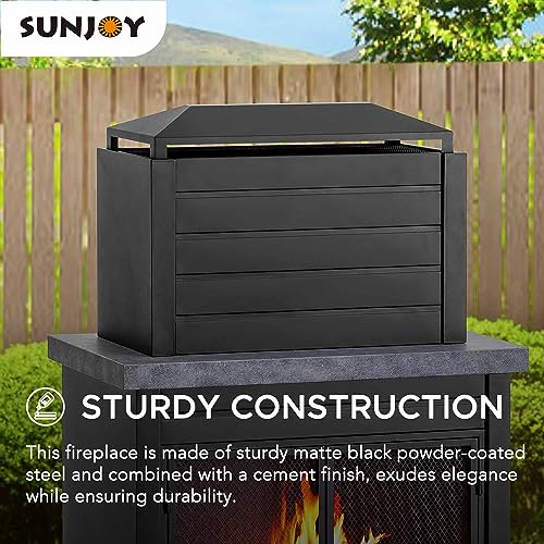 Sunjoy Outdoor Fireplace, Patio Wood Burning Steel Fireplace with Chimney, Log Holders, Fireplace Tool and PVC Cover, Black