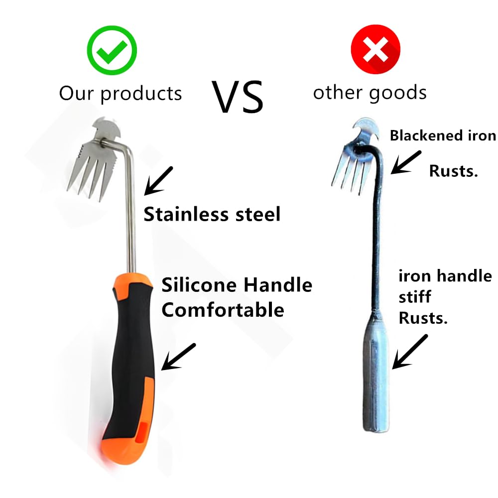 Weed Removal Tool, 2024 New Garden Weeding Tools Manganese Steel Hand Weeder Tool with Handle, 4 Teethes Dual Purpose Manual Weeders Tool Weed Pulling Tool for Garden (Rubber Handle)