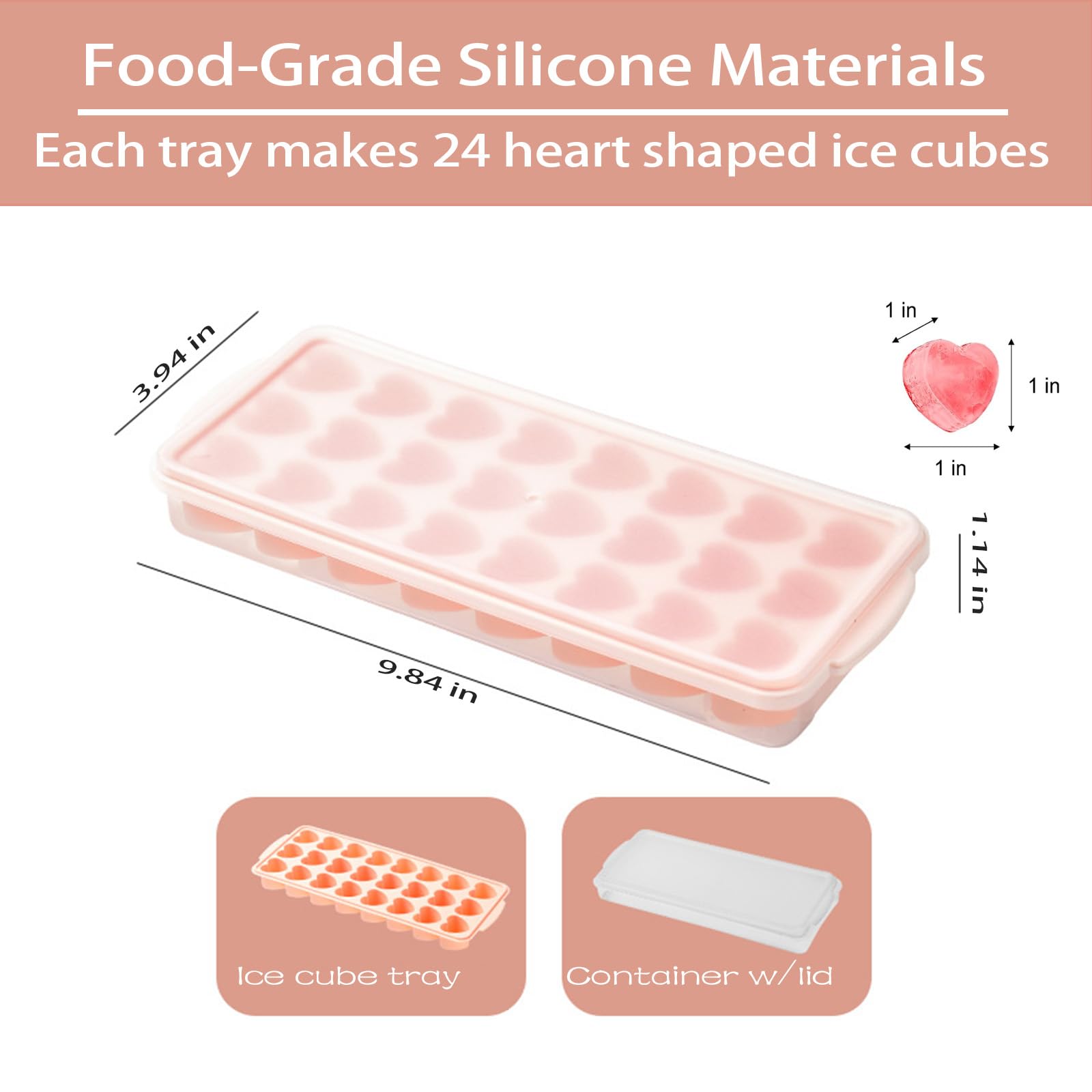 2 Pack Heart-Shaped Ice Cube Trays with lid and bin - 48 Holes Silicone Mini Heart Ice Cube Tray, BPA Free and Dishwasher Safe, Heart Shape Ice Cube Mold, Easy to Remove