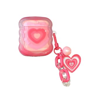 srddty compatible with airpods case cute, wave design shockproof protective airpod case cover for girls women with keychain designed for airpods 1st & 2nd generation, pink heart