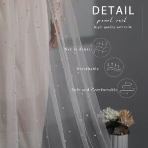 Ursumy Pearl Wedding Veils Flower Cathedral Bridal Veil 118’’ Veils for Brides 1 Tier Fingertip Length Drop Veil Hair Comb (300 * 150cm/118 * 59in, Ivory)