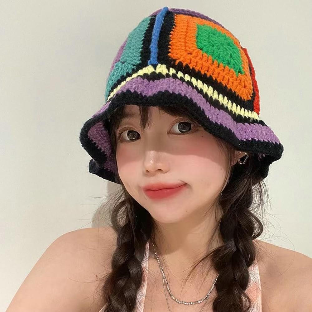 Floral Crochet Hat for Women Handmade Bucket Hats Foldable Multicolor Bucket Cap Casual Fisherman Caps Crochet Sun Hat 2023