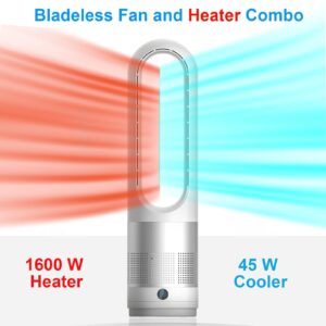 Voagupa Bladeless Heater and Fan Combo, All the Season, 80° Oscillating with Remote and Touch Control, 8H Timer, 24 Inch, Floor Fan for Indoor Use, Large Room, Silver White