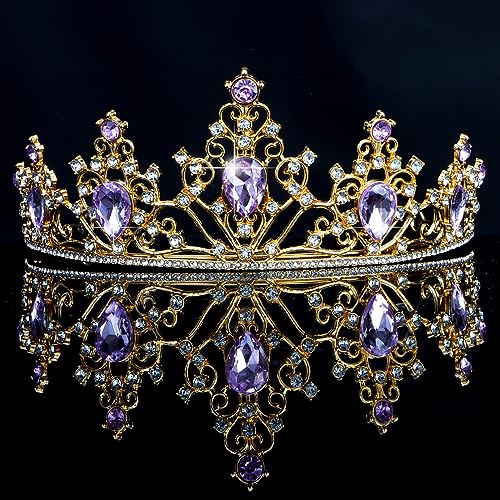 AHONEY Purple Gem Gold Tiara and Crown for Women, Crystal Mermaid Crown Rhinestone Princess Tiaras for Girls Rapunzel Crown for Wedding Birthday Prom Halloween Party