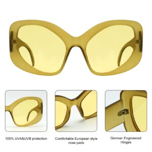 TYA Oversized Sunglasses for Women Fashion Oval Futuristic Chunky Sunglasses Cat-Eye Rectangular Shades Glasses Eyeglasses Yellow