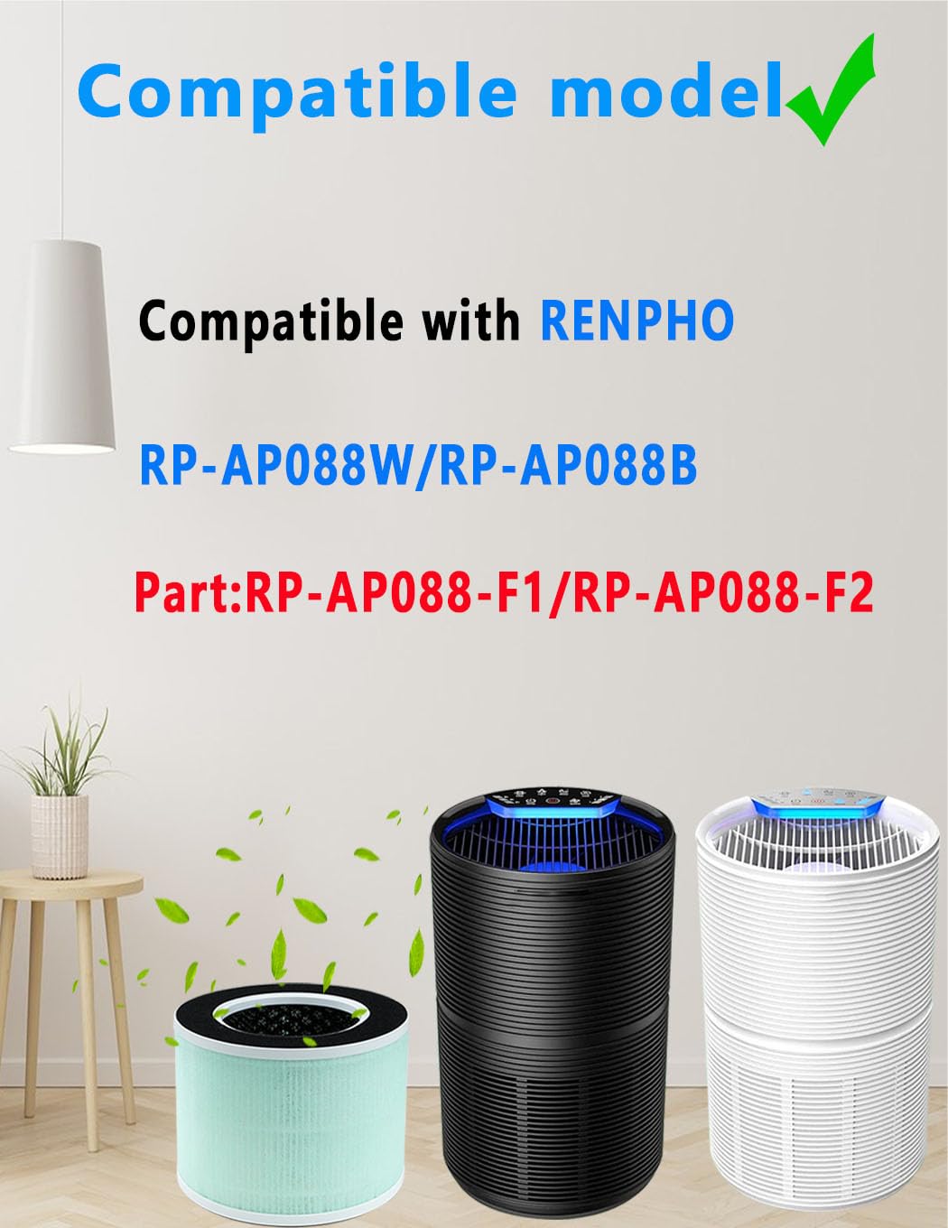 BBT BAMBOOST RP-AP088-F2/F1 Replacement Filter Compatible with Renpho RP-AP088 RP-AP088W RP-AP088B Air Purifier, 3-in-1 H13 True HEPA and High-Efficiency Activated Carbon Filter, 2 Pack