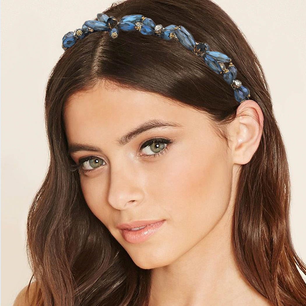 Firuilo Thin Rhinestones Headband Blue Crystal Hair Bands Sparkle Beaded Head Bands for Women(Blue)