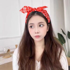 Red Boho Paisley Bandana Hair Bands with Knotted Bow and Rabbit Ear Headbands for Women and Girls - Non-Slip Headbands