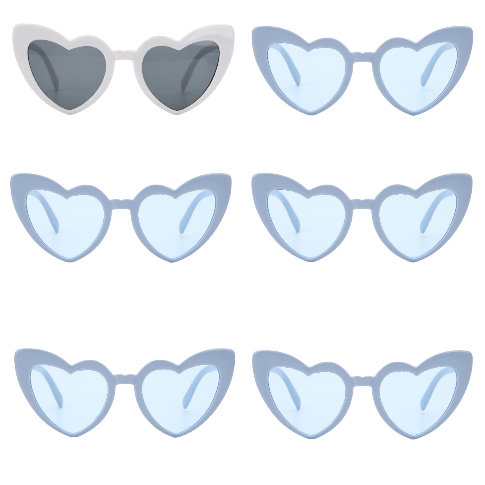 Loanzeg 6 Pairs Bachelorette Party Heart Shaped Sunglasses Party Decorations Bridesmaid Proposal Gift for Women girl (White&Dusty Blue)