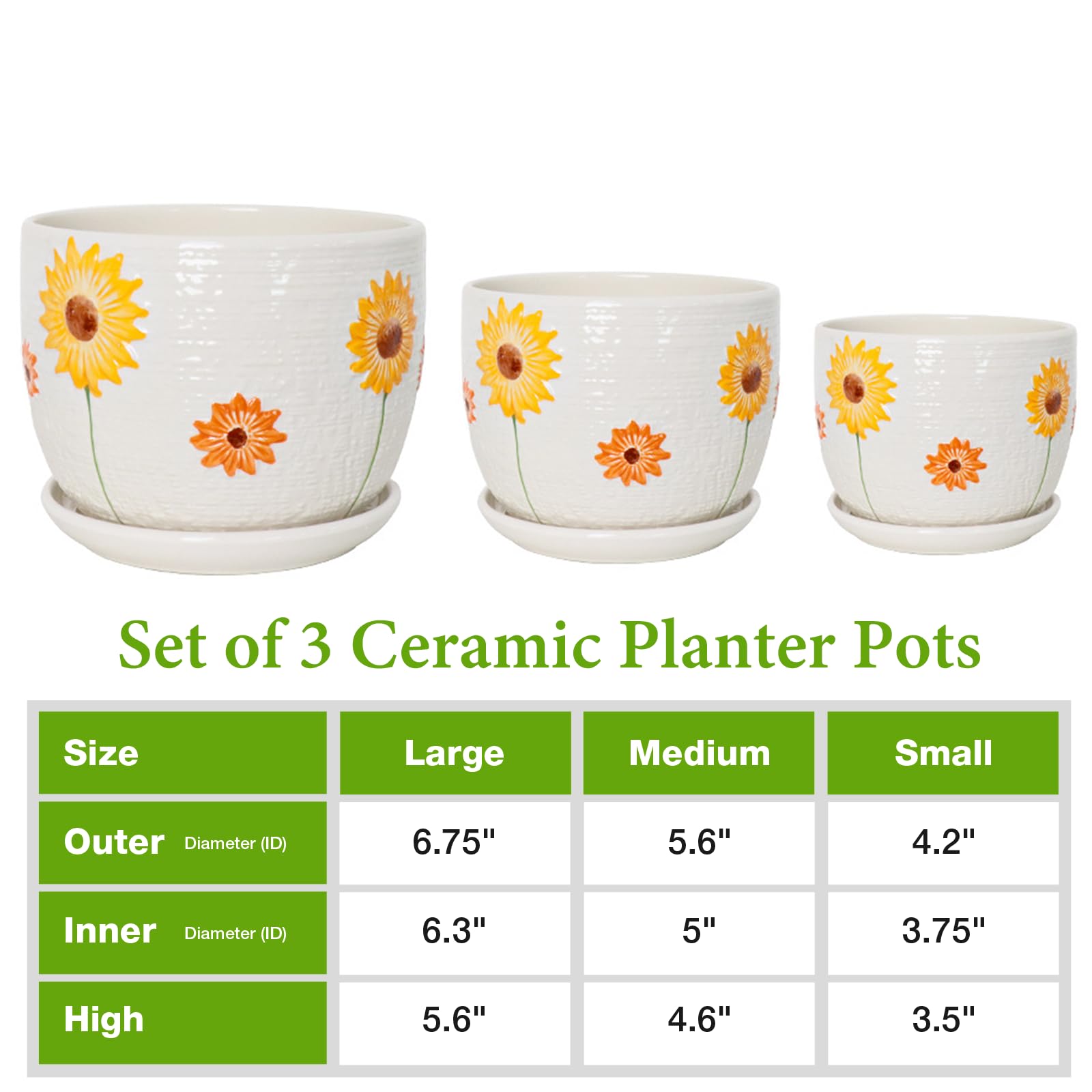 Hlukana Ceramic Plant Pots Set of 3, 6.75/5.6/4.2 inch Planters with Drainage Holes and Saucer, Flower Pots Outdoor Indoor, Modern Decorative Planters for House Plants Garden Planters Succulent Pots