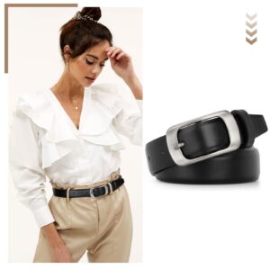 XZQTIVE Women Leather Belts for Jeans Pants, Black/Brown Waist Dress Belts with Gold/Silver Buckles, Fit Sizes S to XL, Black Belt with Silver Buckle, Fit Waist Size 33-37 inches