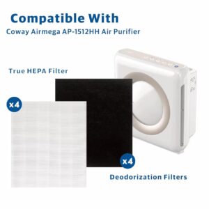 Airmega AP-1512HH Replacement Filter for Coway air purifier, Compatible with Coway Airmega AP1512HH Air Purifier, 3304899, 4 Hepa Filter With 4 Pre-Cut Carbon Filters