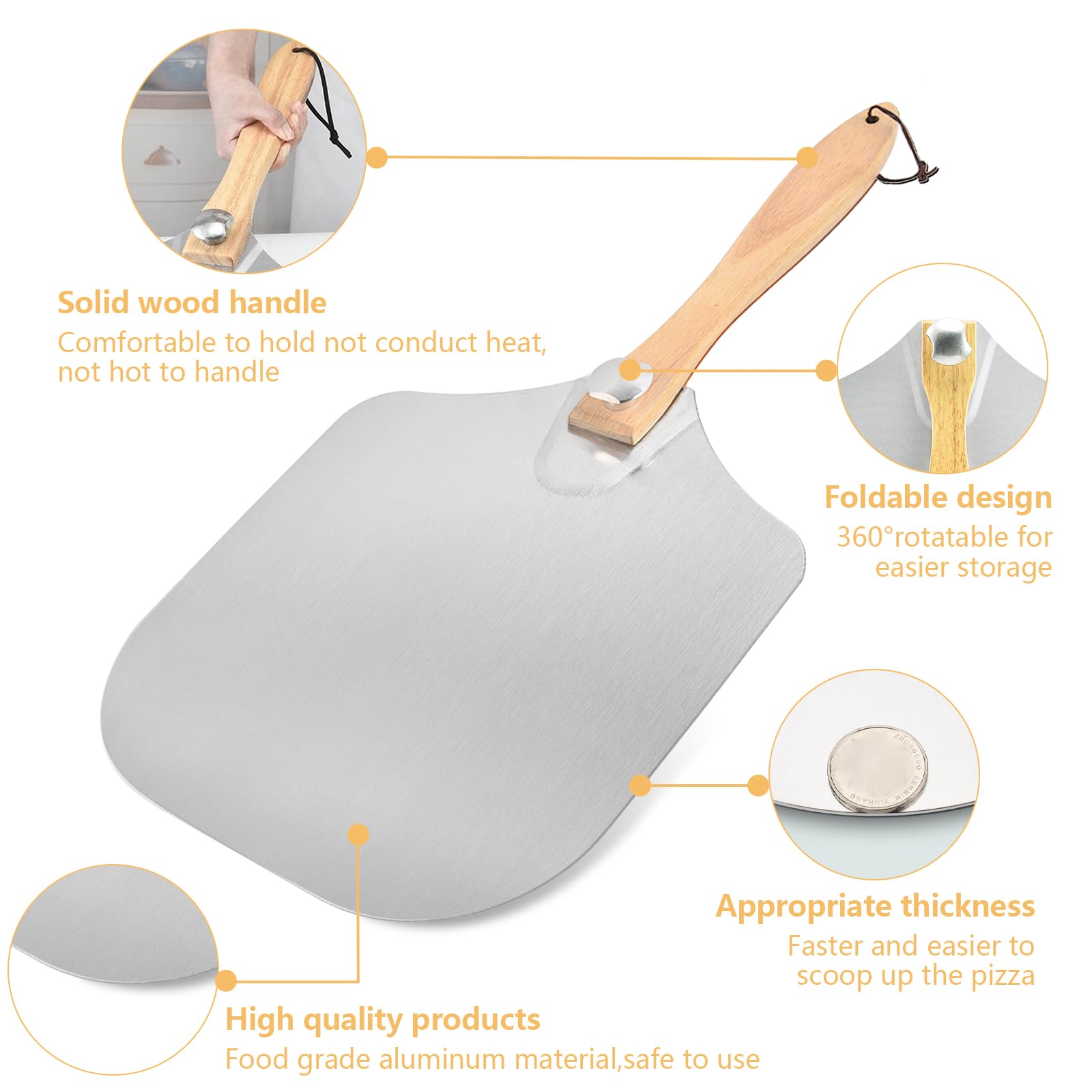 Luvan Aluminum Metal Pizza Peel with Foldable Wooden Handle,12x14 Inch Aluminum Pizza Peel,Pizza Paddle Foldable Pizza Peel Pizza Spatula Paddle Pizza Spatula for Oven,Baking Homemade Pizza Bread