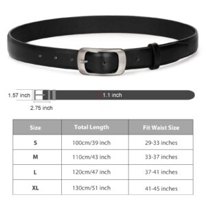 XZQTIVE Women Leather Belts for Jeans Pants, Black/Brown Waist Dress Belts with Gold/Silver Buckles, Fit Sizes S to XL, Black Belt with Silver Buckle, Fit Waist Size 33-37 inches