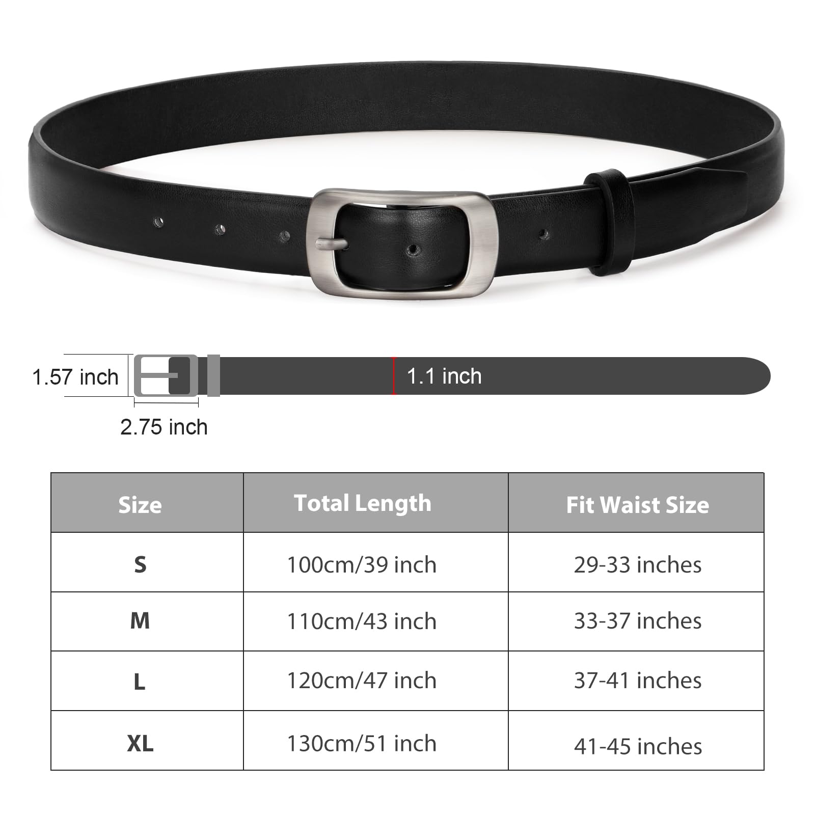 XZQTIVE Women Leather Belts for Jeans Pants, Black/Brown Waist Dress Belts with Gold/Silver Buckles, Fit Sizes S to XL, Black Belt with Silver Buckle, Fit Waist Size 33-37 inches