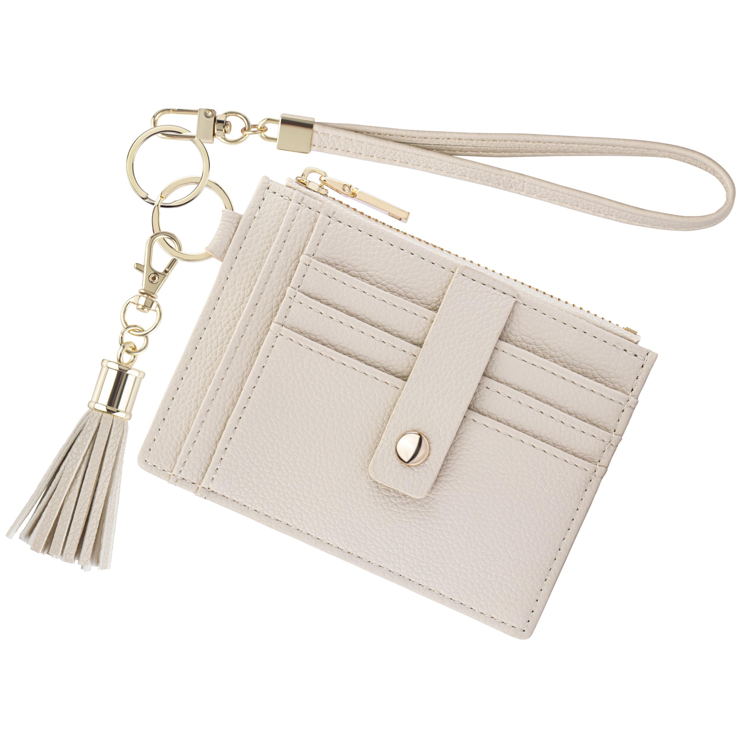 New Fashion Kingdom Wristlet Keychain Wallet for Women Slim Rfid Blocking Credit Card Holder Wristlet Zip Id Case Wallet Small Compact Leather Wallet Coin Purse for Women (Beige)