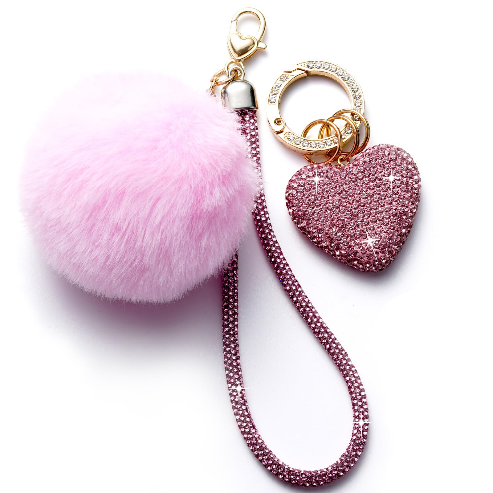 HONYJOOM Pink Heart Keychains for Women, Cute Bling Wristlet Accessories Girly Aesthetic Key Chain Charms for Car Keys, Backpack Puff Ball