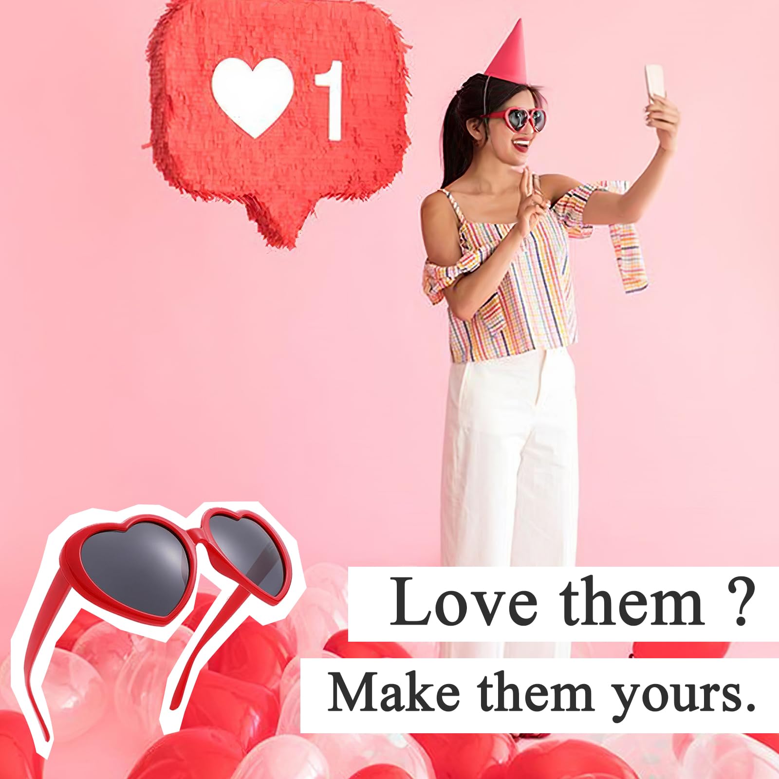 10 PCS Heart Sunglasses for Women Trendy Fashion Heart Sunglasses Retro Love Cute Vintage Eyewear Sun Glasses (Red)