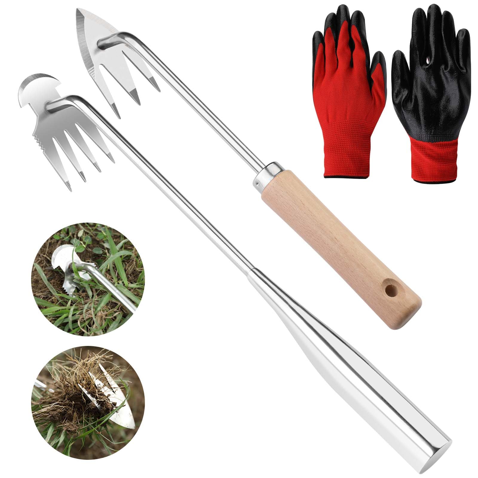 2pcs Upgraded Weed Pulling Tools,New Weeding Artifact Uprooting Weeding Tool,Garden Weeding Tool of Stainless Steel,Weed Puller Tool with Garden Gloves,Weeding Tool for Backyard (3 teeth+4 teeth)