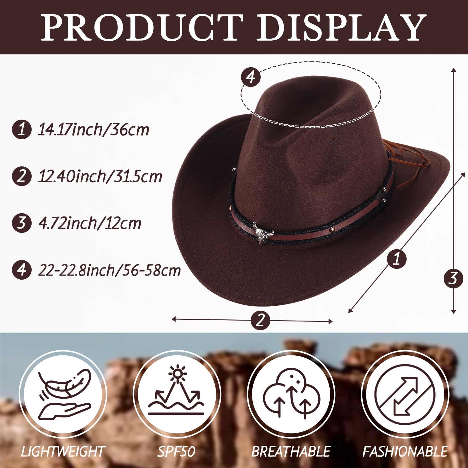 Toulite 9 Pcs Western Cowboy Hat Unisex Fur Faux Felt Hats Outback Wide Brim Travel Cap with Strap for Men Women Adults Cowgirl Indoor Outdoor Party Cosplay Costume, 9 Colors