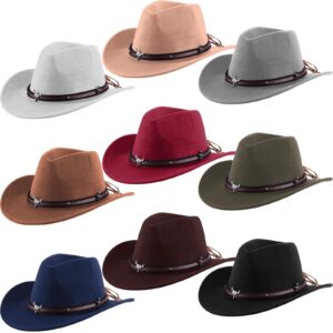 toulite 9 pcs western cowboy hat unisex fur faux felt hats outback wide brim travel cap with strap for men women adults cowgirl indoor outdoor party cosplay costume, 9 colors