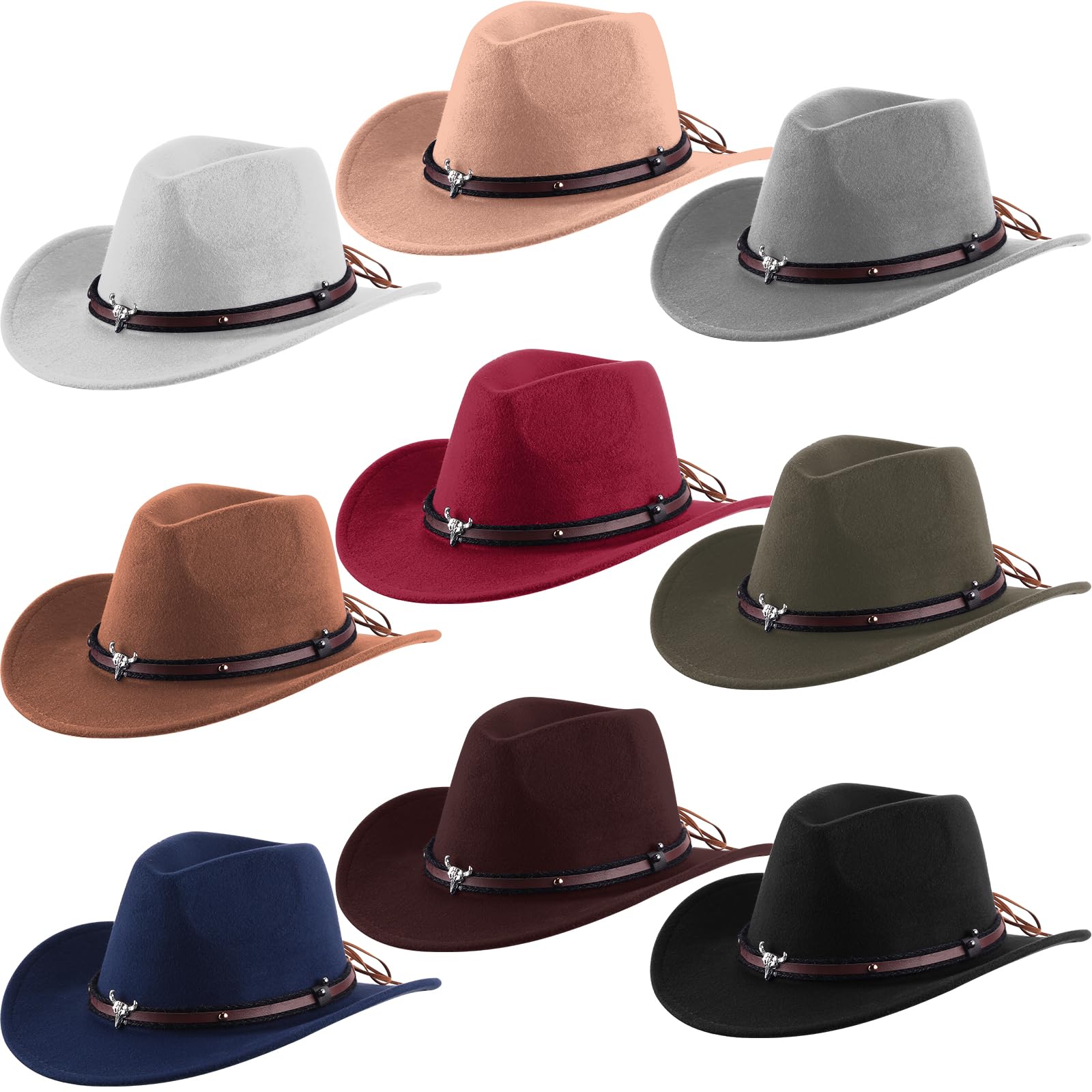 Toulite 9 Pcs Western Cowboy Hat Unisex Fur Faux Felt Hats Outback Wide Brim Travel Cap with Strap for Men Women Adults Cowgirl Indoor Outdoor Party Cosplay Costume, 9 Colors