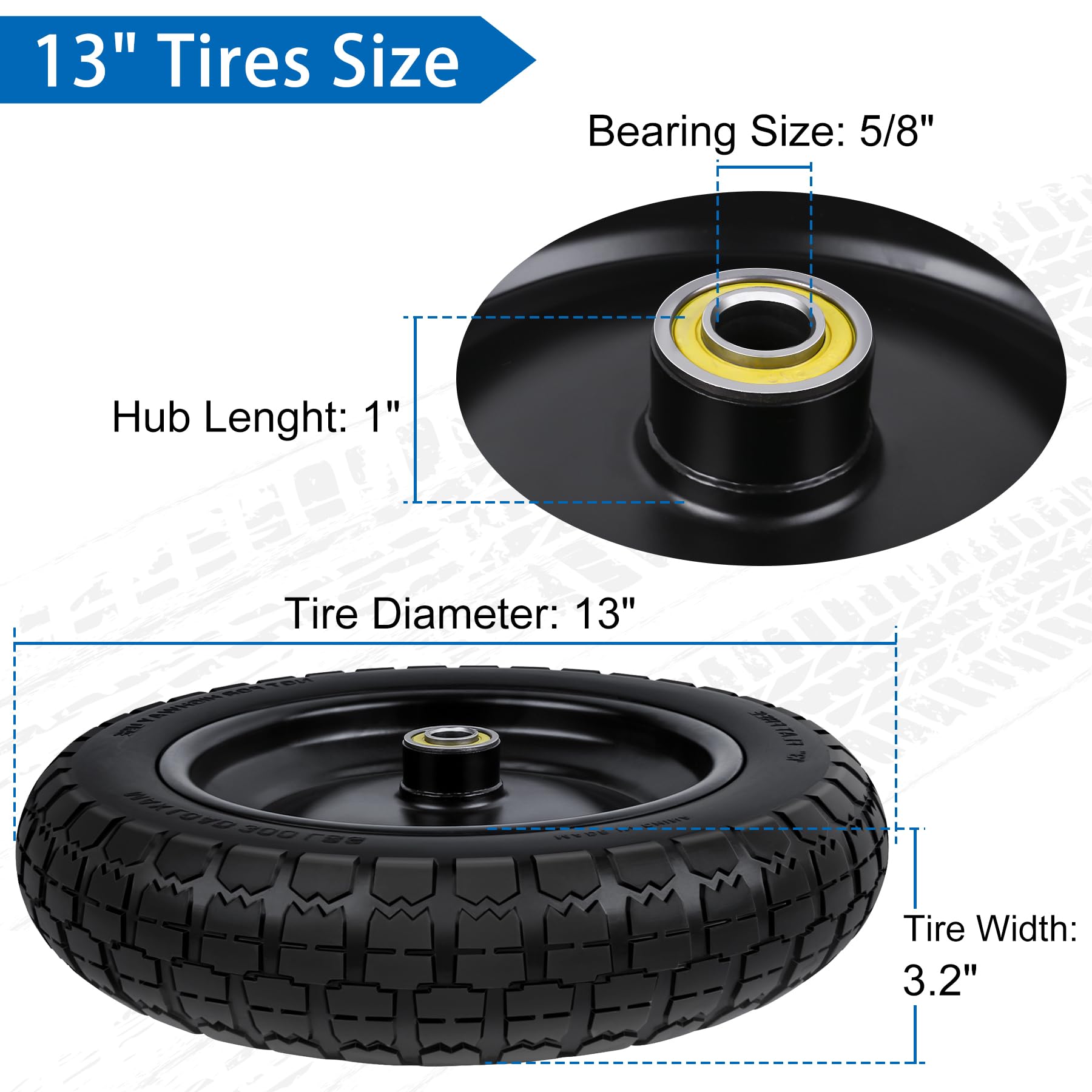 phepetroll 13 Inch Flat Free Wheels Tires 4.00-6 Solid Replacement with Universal 5/8" Axle Bore Hole, 8 Spacers and 4 Pins, for Wheelbarrow, Garden Wagon, Hand Truck, Trolley, Lawn Mower, 2 Pack