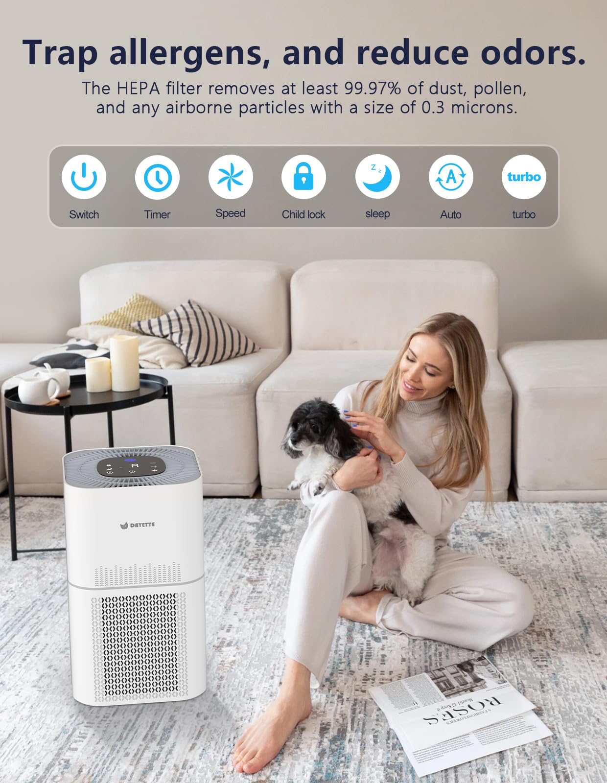 Dayette Air Purifiers for Pets Large Room Up to 2200 Ft² with Air Quality Monitor,Auto Mode and Sleep Mode, HEPA Filter Captures Pet Allergies, Smoke, Dust, Pollen, AP301 Pet