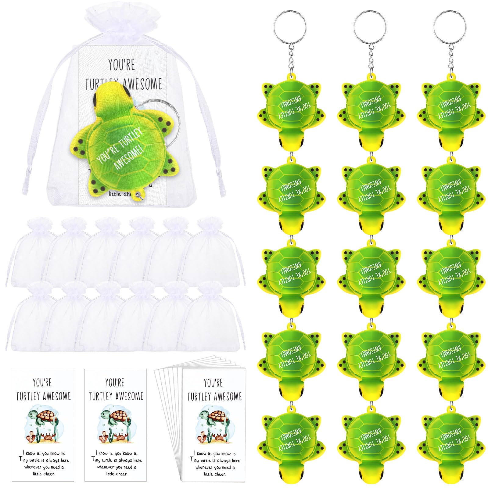 Huquary 30 Pcs Inspirational Sea Turtle Keychain Bulk You're Turtley Awesome Key Ring Relief Stress Squeeze Turtle Keychain with Inspirational Card Organza Bag for Employee Appreciation Day Gifts