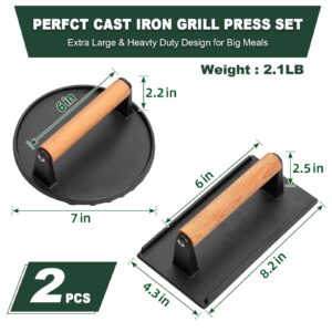 CEKEE Burger Press Set of 2, Cast Iron Grill Press with Wood Handle, 7" Round & 8.2"X 4.3" Rectangle, Heavy-Duty Hamburger Smasher Tool Perfects for Blackstone Griddle, Flat Tops & Meat Grill