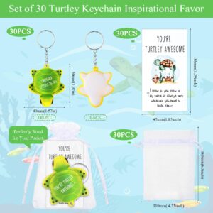 Huquary 30 Pcs Inspirational Sea Turtle Keychain Bulk You're Turtley Awesome Key Ring Relief Stress Squeeze Turtle Keychain with Inspirational Card Organza Bag for Employee Appreciation Day Gifts