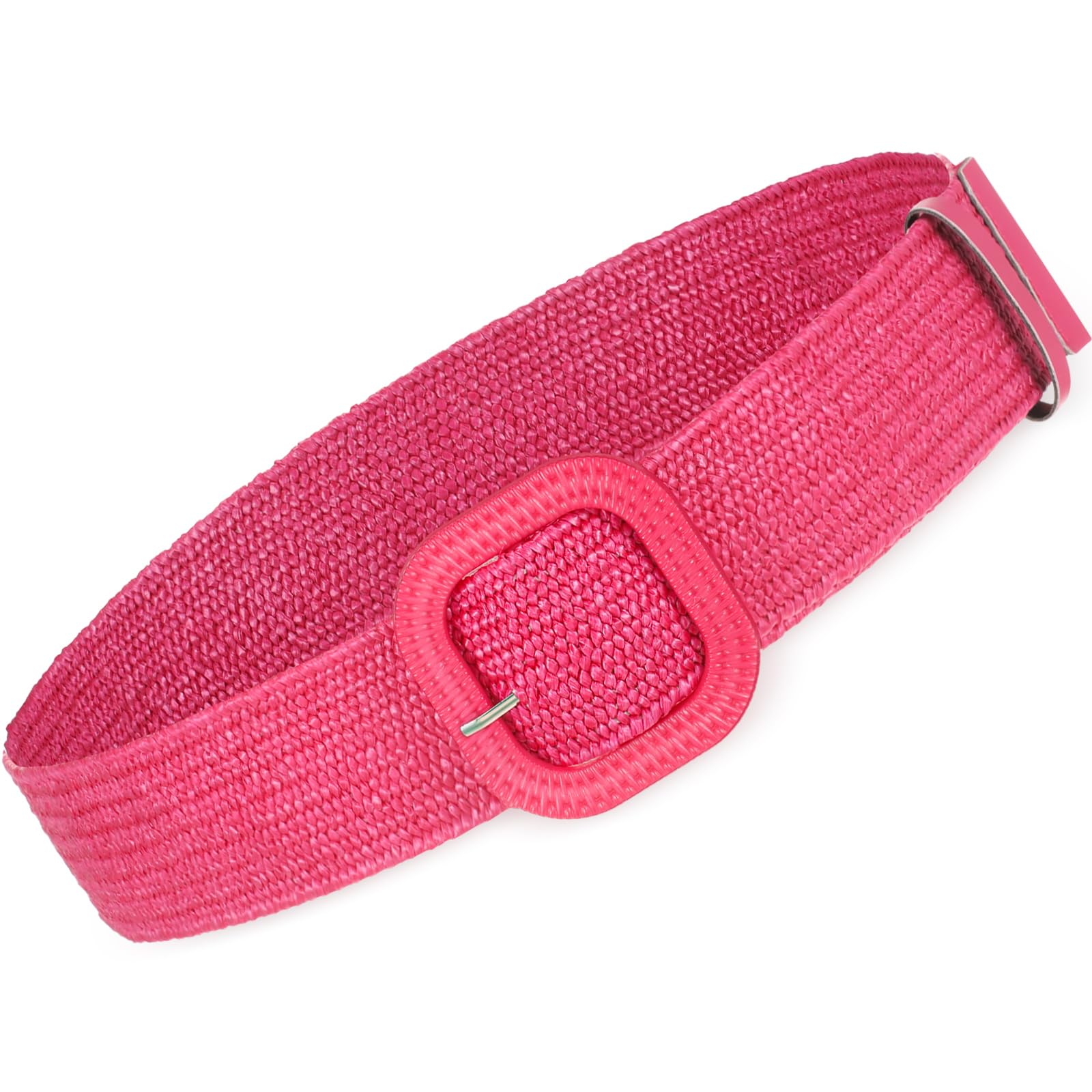 Syhood Women Straw Woven Belt Elastic Rattan Waist Belt Stretch Boho Dress Braided Belt Raffia Belt with Wood Buckle for Girl (Rose Red)